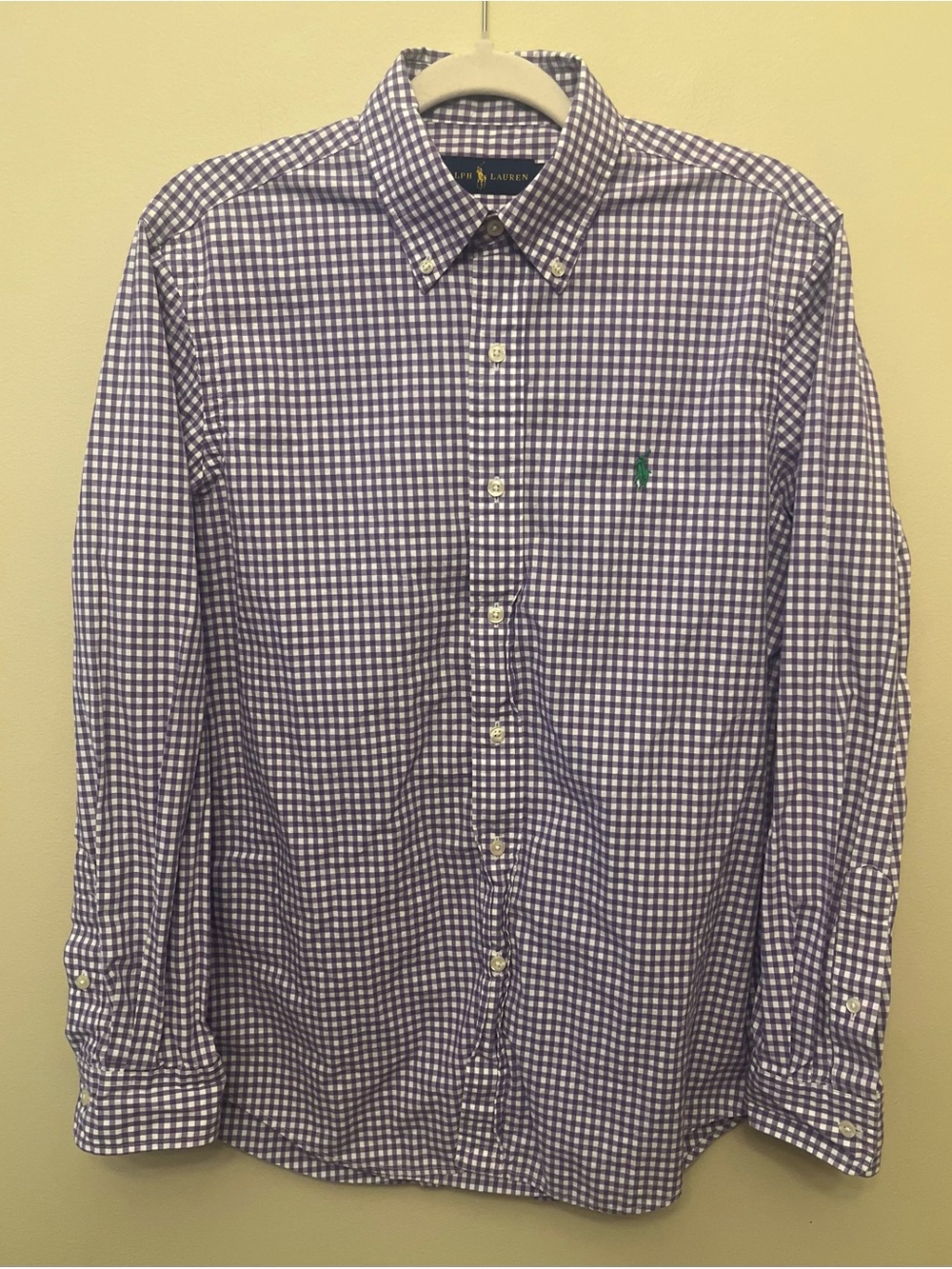 Ralph Lauren Purple White Gingham Green Pony Long Sleeve Button Down Mens Medium